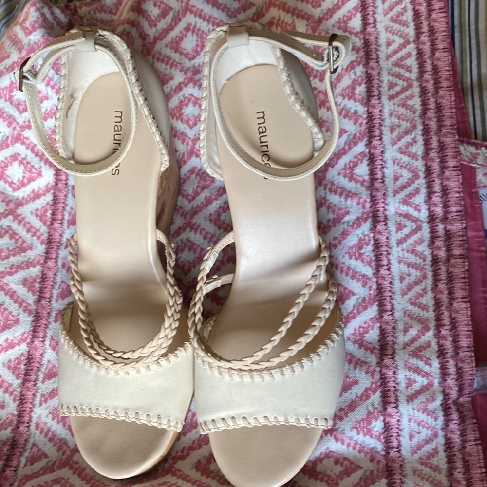 Maurices Ellen 58107 Ivory Open Toe Cork Wedge Sandals Womens Size 9